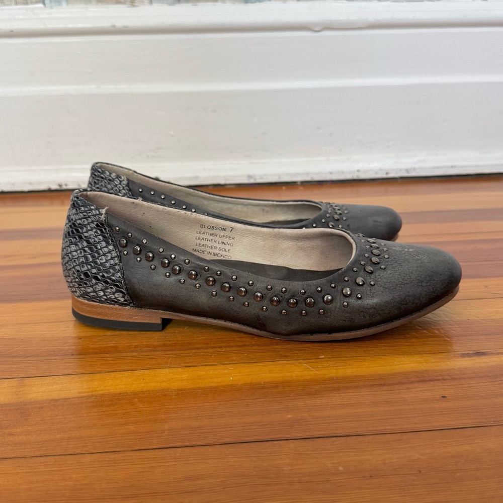 freebird Gray Studded Ballet Flats with Snakeskin Heel